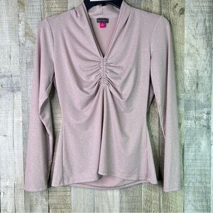 Vince Camuto Size Small Tan Glitter Blouse V-Neck Long Sleeve Ruched Front Top